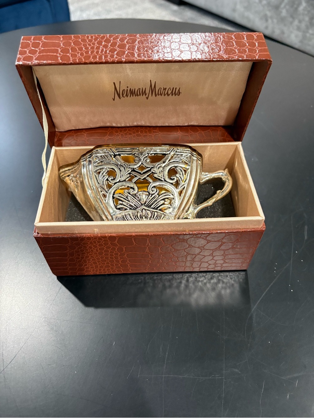 Neiman Marcus Ornate Silver-Tone Glass Creamer - Amber Accents